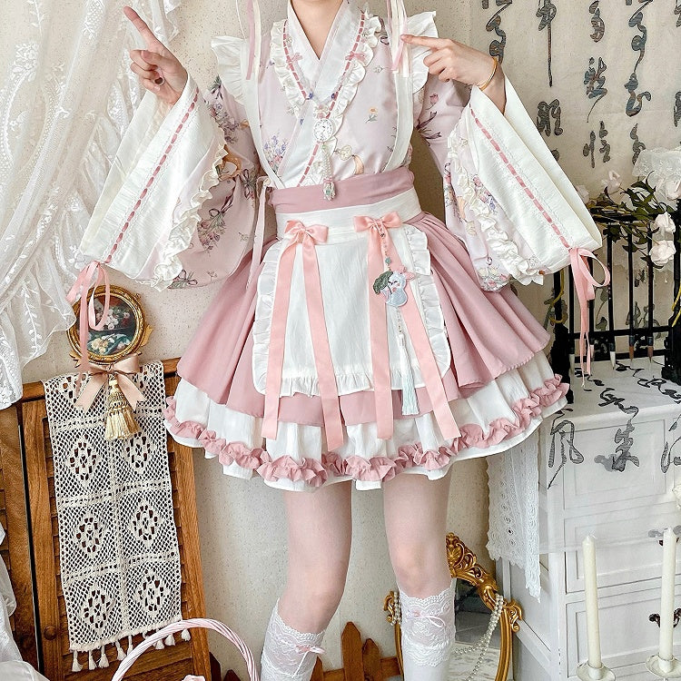 Sakura Pink Herbal Medicine Crossover Neckline Top + Skirt Han Lolita Set Cherry Blossom Festival Outfit