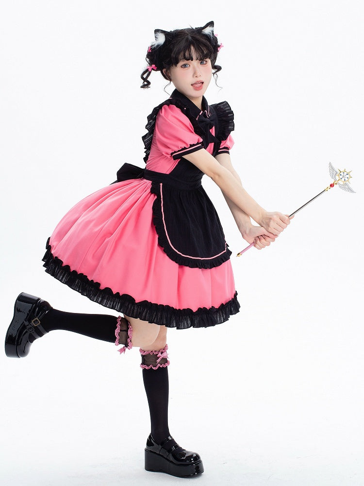 Pink and Black Kitty Maid Lolita Short Puff Sleeves Dress + Black Apron