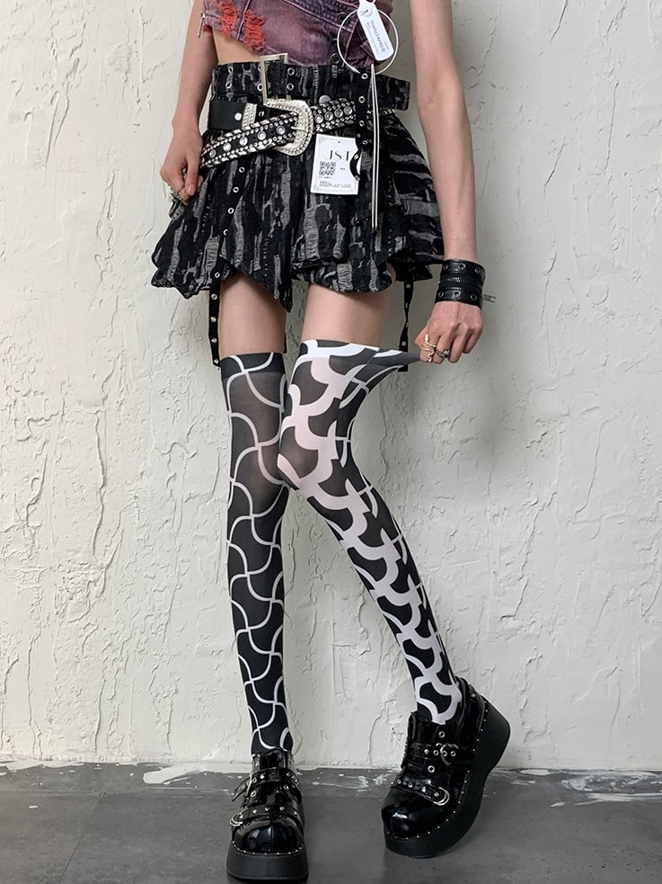 Black&White Y2K Asymmetrical Design Overknee Stockings