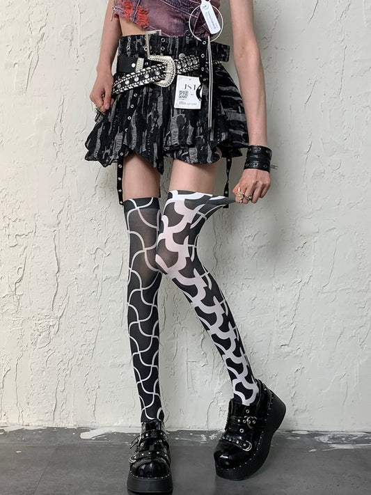 Black&White Y2K Asymmetrical Design Overknee Stockings