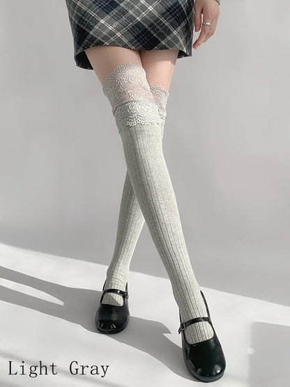 White/Black/Dark Gray/Beige/Light Gray Lace Trim Knitted Over-knee Stockings