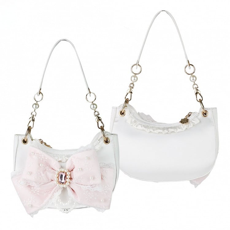 Sweet White Lolita Shoulder Bag in Satin - Rhinestone & Beads Embellished Lace Bow