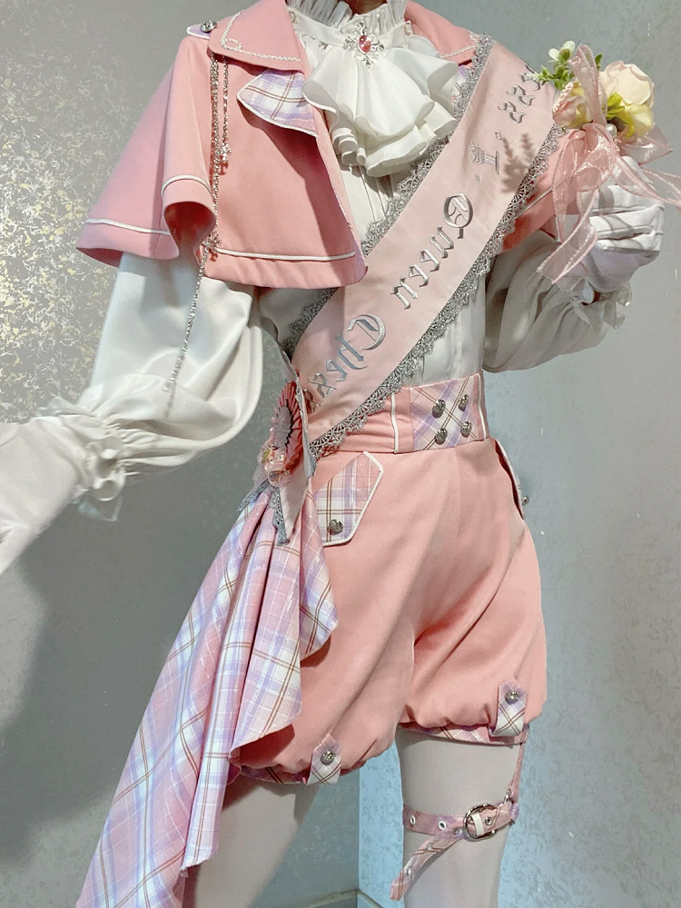 Pink and White Prince Ouji Lolita Outfit - White Shirt + Pink Cape + Pink High Waist Shorts