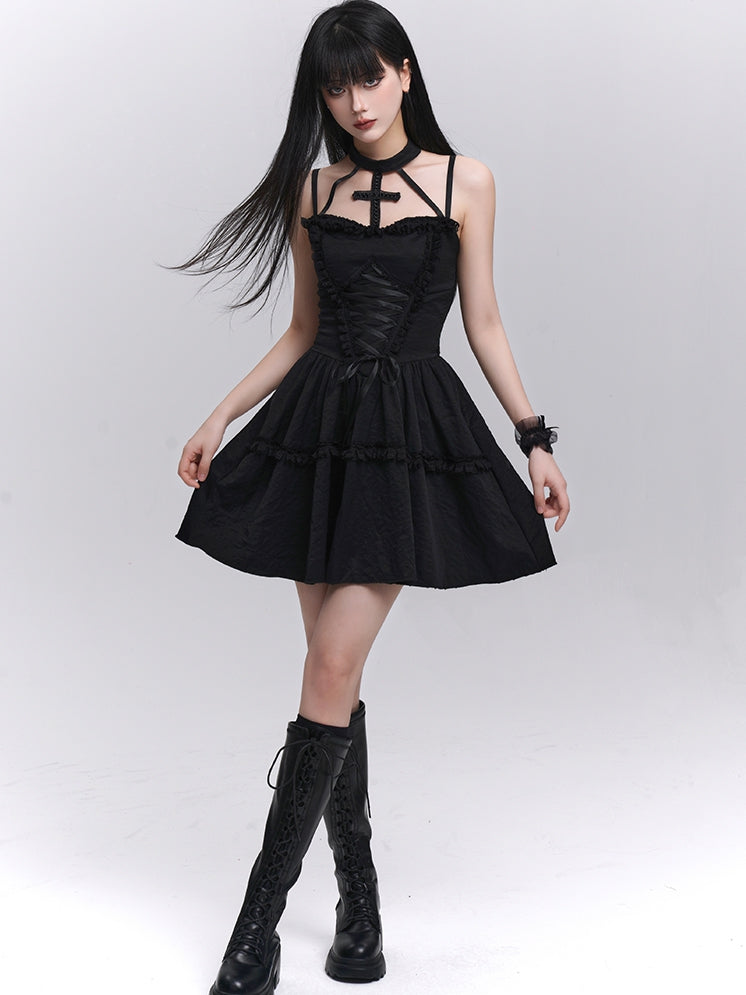 Gothic Black Lace-up Front Basque Waist Cross Halter Dress