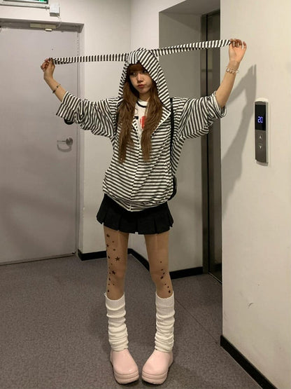 Black & White Striped Bunny Ear Hoodie with Detachable Sleeves