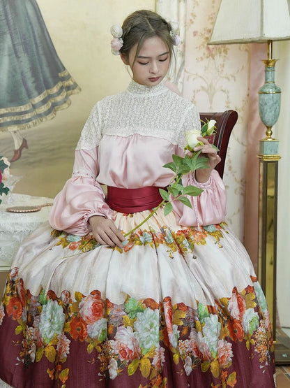 Historical Full Set- Pink Blouse + Wine Red Crystal Tassel Floral Skirt + Red Wide Belt