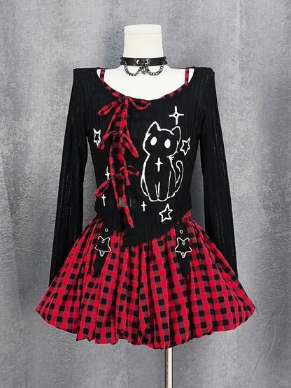 Y2K Star Buckles Black & Red / Black & Gray Plaid Bubble Skirt