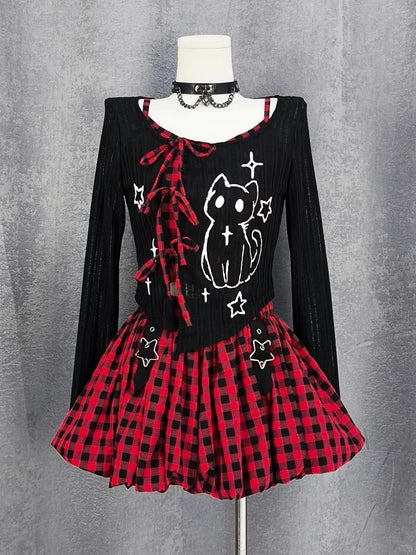 Y2K Star Buckles Black & Red / Black & Gray Plaid Bubble Skirt