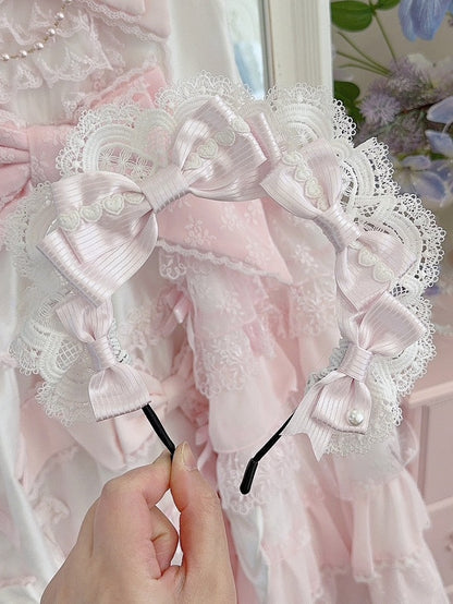 Pink Heart Decorated Striped Pattern Bowknot Details Lace Trim KC