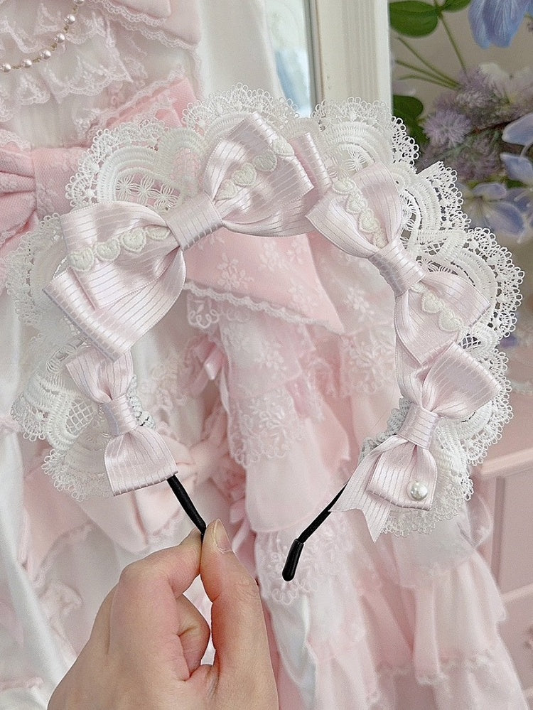 Pink Heart Decorated Striped Pattern Bowknot Details Lace Trim KC