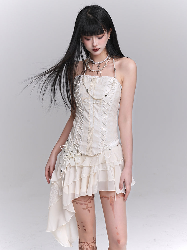 Beige Cross Lace Applique Lace-up Strapless Top / Asymmetrical Hem Tiered Skirt