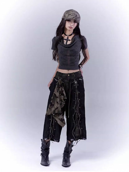 Camouflage Lace-up Front Punk Rock Distressed Straight-leg Jeans