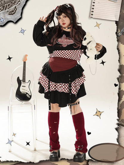 Plus Size Straps Design Checked Pattern Black and Red Tiered Skirt