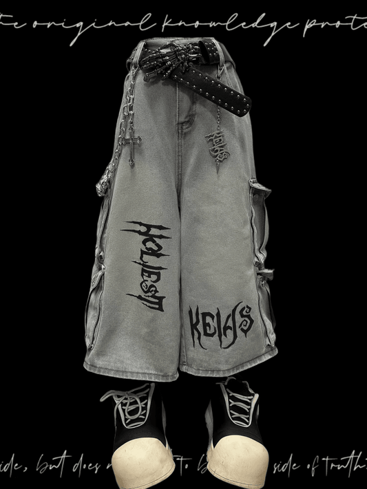 Light Blue Punk Rock Wide-leg Cargo Jeans with Free Charm