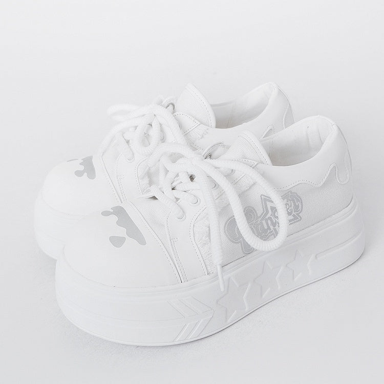 Letter Print, Raw Hem Details & Secure Lace Closure White Platforms in Otaku Style