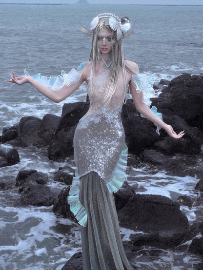 Caudal Fin-shaped Cascading Ruffle Design Sheer Nude Tulle Shrug