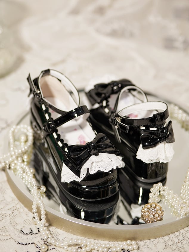 Black Bow at Top Lace Trim Heart Buckles Platforms
