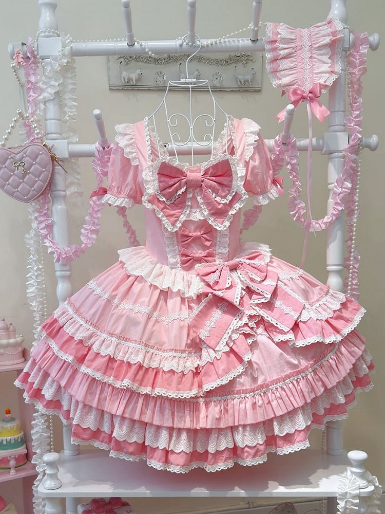 Pink Sweet Bow Accents Short Sleeves Dress Lolita One Piece