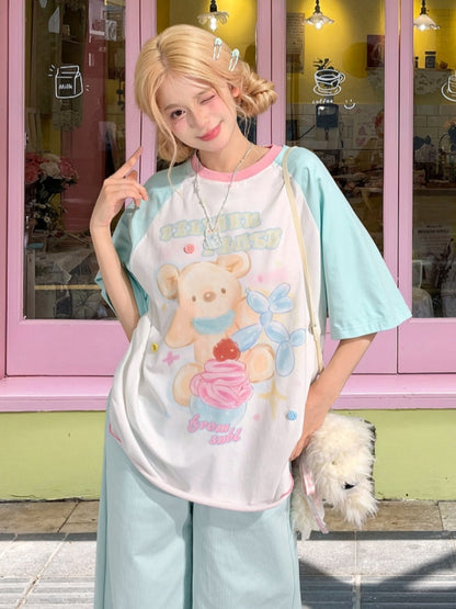 Cute Bear Print Mint Blue Colorblock Design Loose T-shirt
