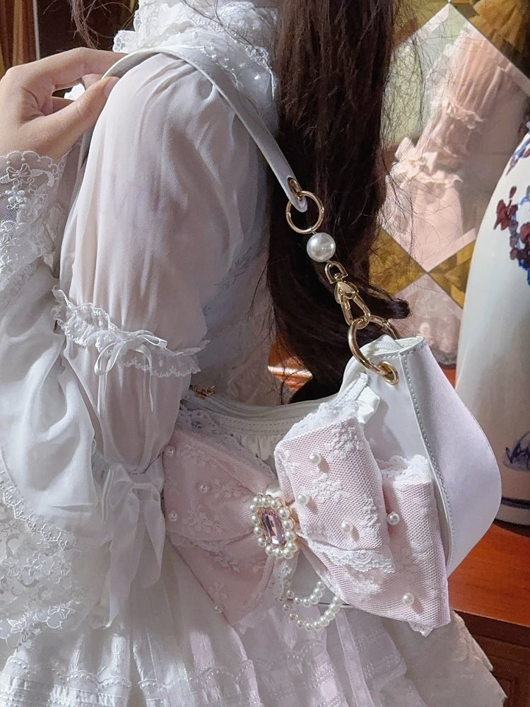 Sweet White Lolita Shoulder Bag in Satin - Rhinestone & Beads Embellished Lace Bow