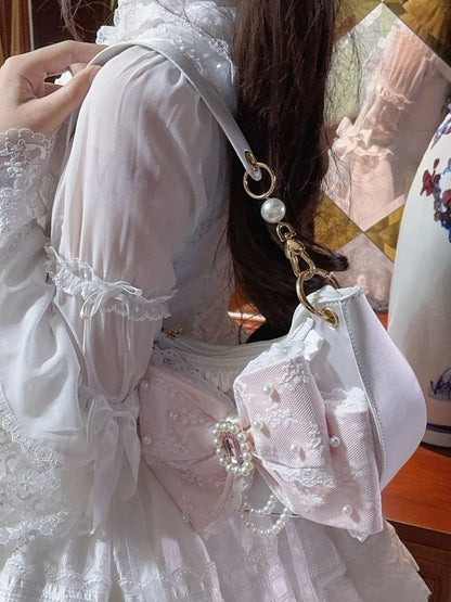 Sweet White Lolita Shoulder Bag in Satin - Rhinestone & Beads Embellished Lace Bow