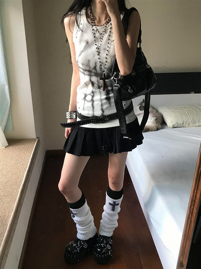 White Subcultural Print Sleeveless Top with Metal Eyelet Deocr