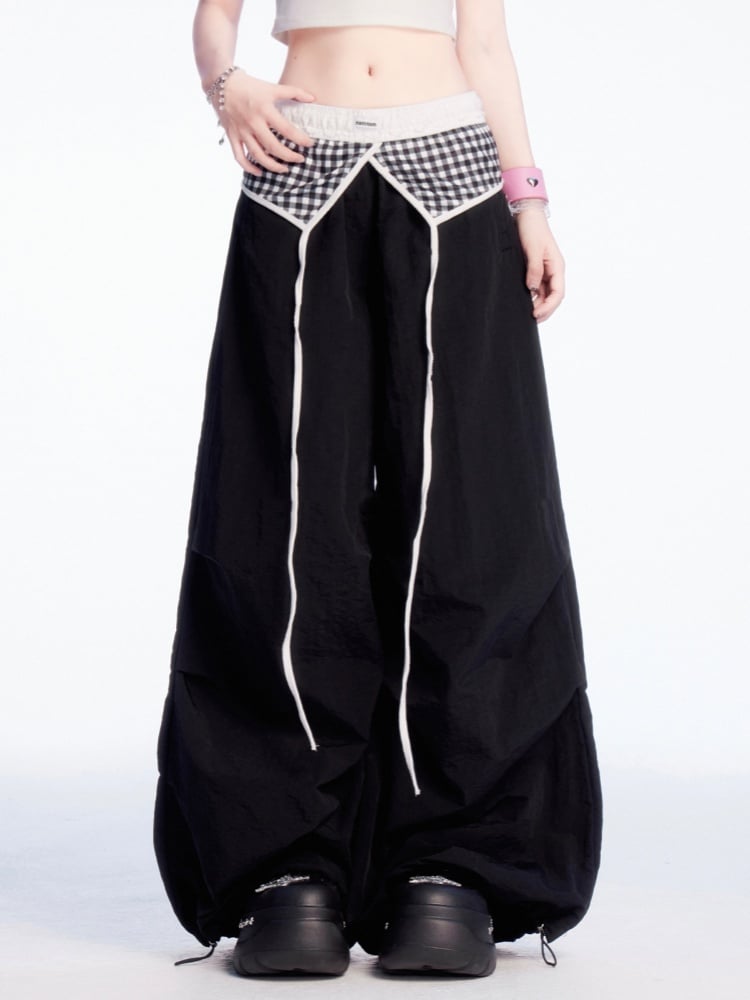 Plaid Patchwork Waist Drawstring Cuffs Black Wide-leg Casual Pants