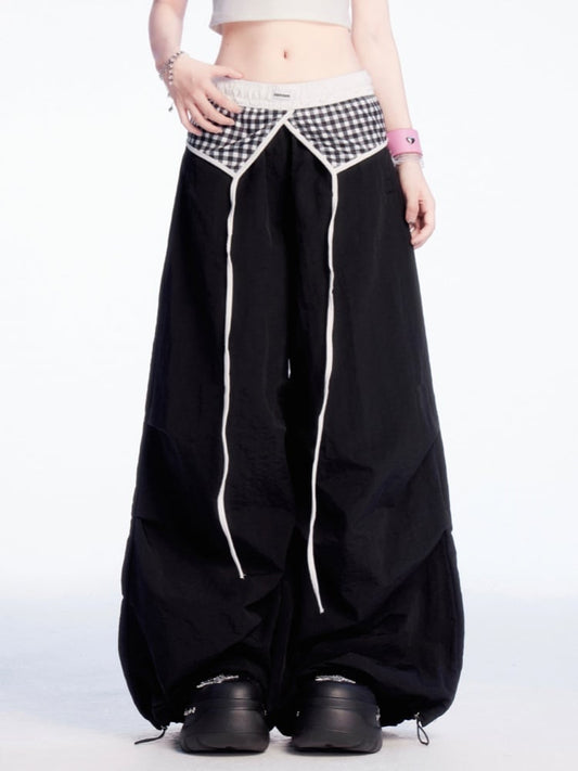 Plaid Patchwork Waist Drawstring Cuffs Black Wide-leg Casual Pants