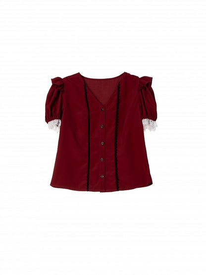 Dark Red Jirai Kei Puff Short Sleeves Blouse with White Separated Collar