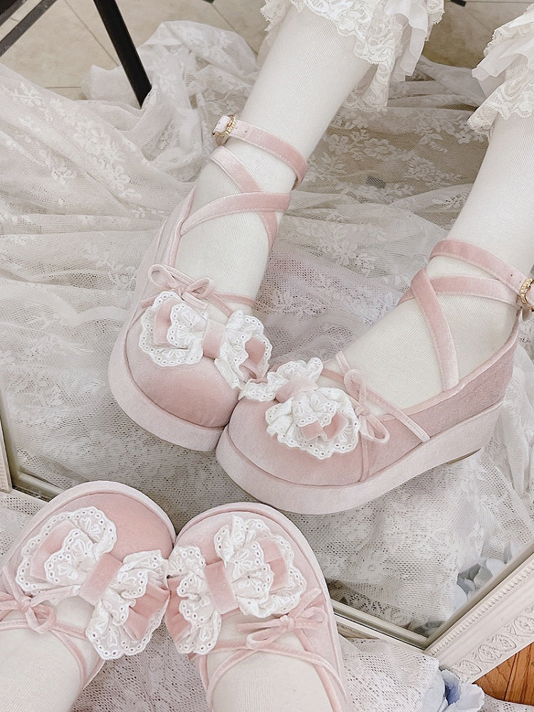 Pink Bow Accents Velvet Round Toe Platforms Crisscross Ankle Strap