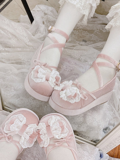 Pink Bow Accents Velvet Round Toe Platforms Crisscross Ankle Strap