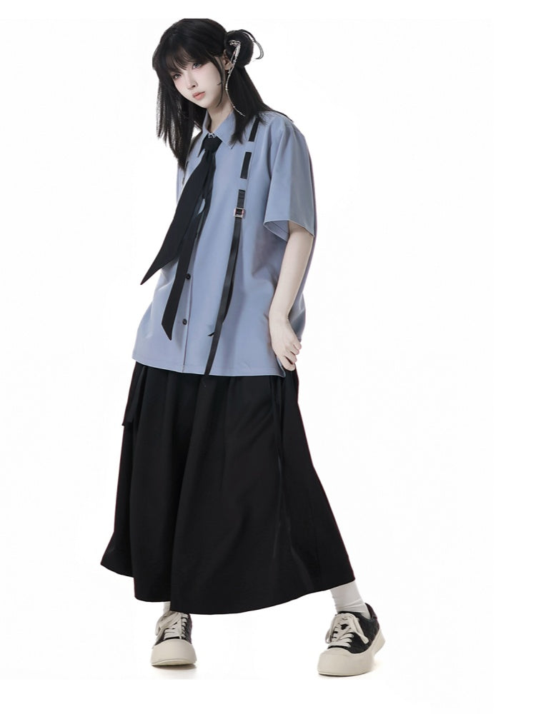 Blue Preppy Style Short Sleeves Shirt with Free Tie