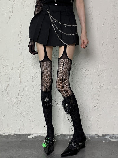 Black Y2K Floral Pattern Self-tie Straps Semi-sheer Underknee Stockings With Pearl Charms