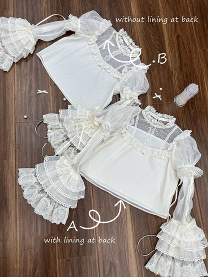 Creamy White Dotted Tulle Puff Sleeves Blouse with Detachable Sleeves