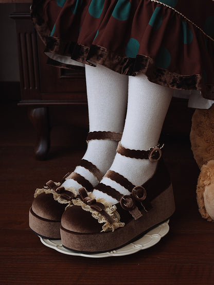 Lace Trim Bowknot at Top Velvet Dark Brown Buckle Straps Platforms