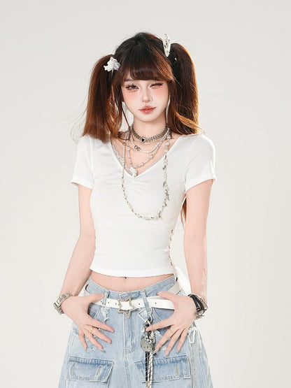 White/Black V-neck Lace Trim Lace-up Side Slim-fitting T-shirt