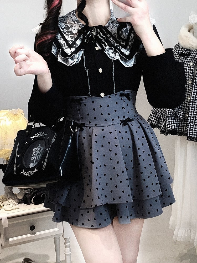 Dark Sweetness Tiered Skirt: Jirai Kei High Waist with Heart Polka Dot Pattern
