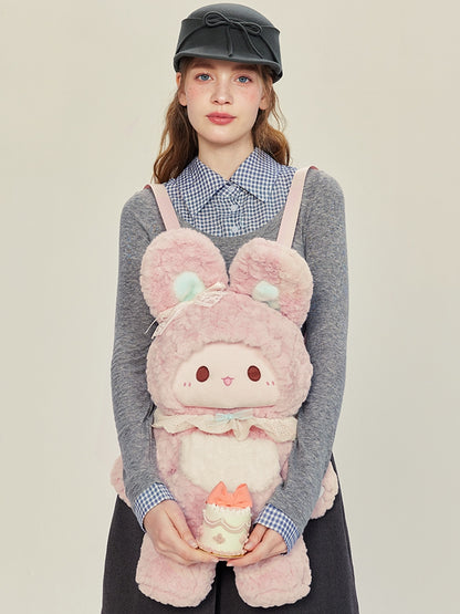 Pink Bowknot Decorated 60cm Plush Rabbit Backpack Detachable Shoulder Straps