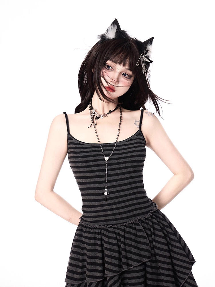 Black and Gray Stripes Handkerchief Hem Tiered Skirt Cami Dress