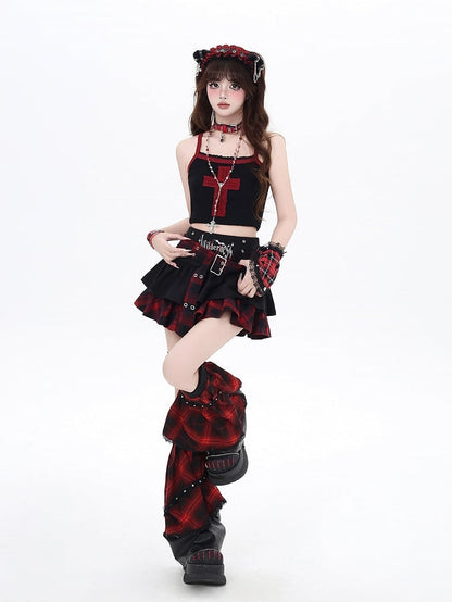 Y2K Black and Red Plaid Buckle Belt Design Lined Tiered Skirt with Cross Garter