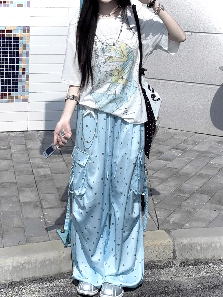 Allover Star Print Drawstring Waist Blue Wide-leg Cargo Pants