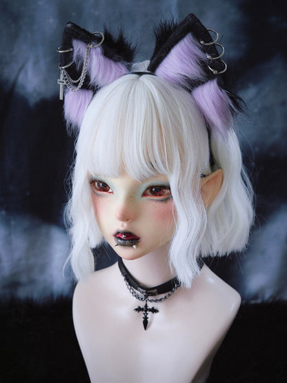 Gothic Black and Purple Kitty Ears KC with Cross Chains