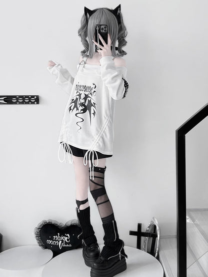 White Off-the-shoulder Neckline Drawstring Design Punk Top