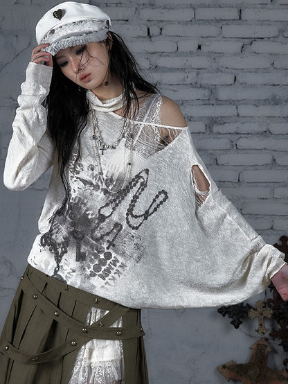 Beige/Khaki Wasteland Punk Distressed Holes Asymmetrical Neckline Sun Protection Top