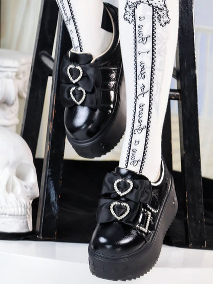 Black Jirai Kei Slip-on Platforms with Rhinestone Heart Decor & Bow Accents in Thicken/Regular Version