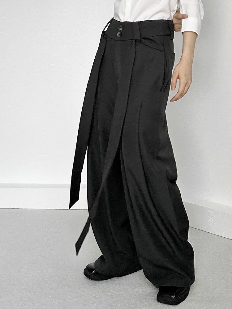 Ouji Lolita Dark Green Wide-Leg Pants with Two-Button Fly & Side Ribbons