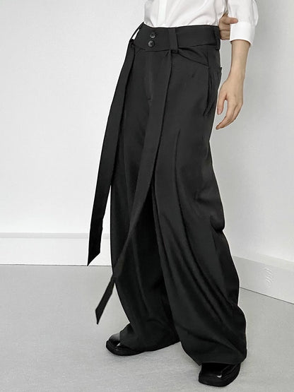 Ouji Lolita Dark Green Wide-Leg Pants with Two-Button Fly & Side Ribbons