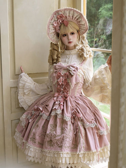 Bows Decoration Candle Embroidery Pink Velvet Dress Lolita JSK / Set