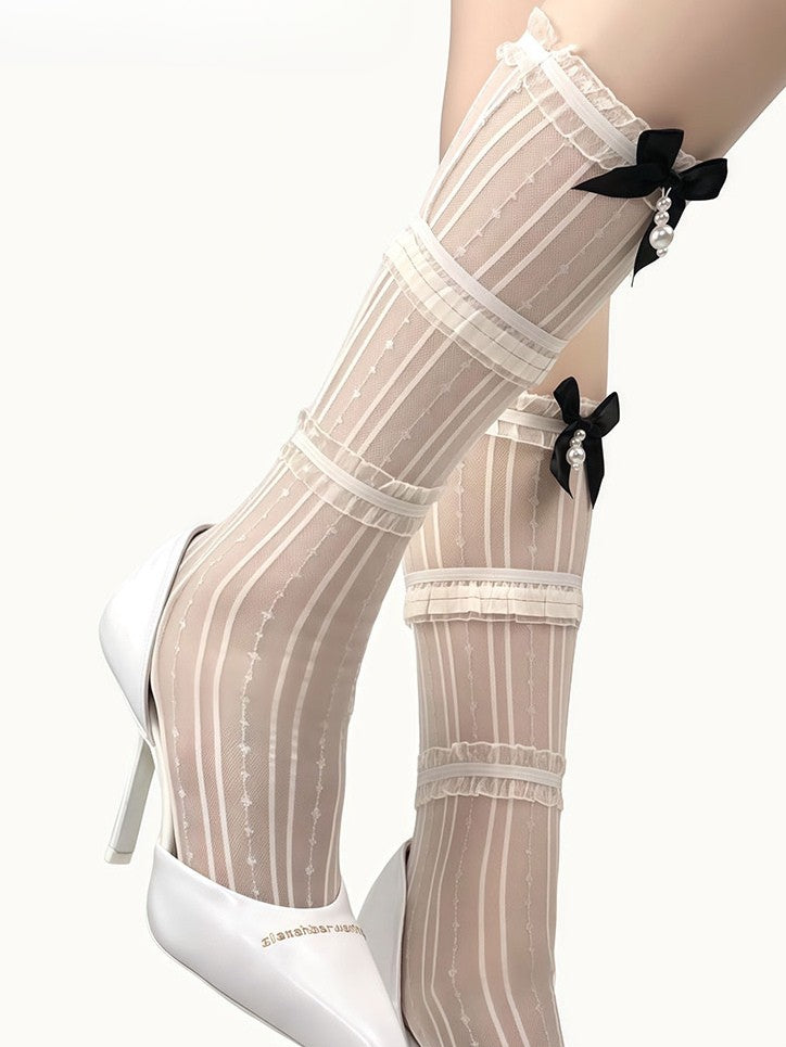 White/Beige/Gray/Black Beaded Charm Bowknot Decorated Lace Trim Under-Knee Stockings