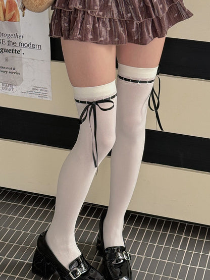 Milk White Bowknot Overknee Stockings With White/Pink/Black Ribbons